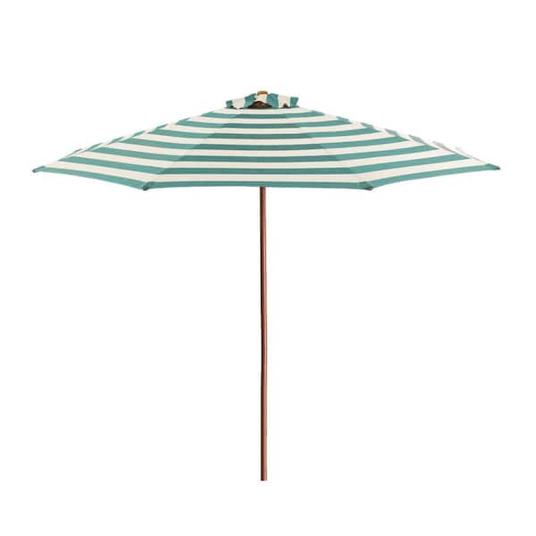 DestinationGear 9 ft. Wood Market Patio Umbrella in Soft Teal and Ivory Stripe Solution Dyed Polyester