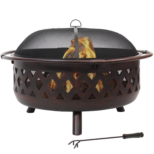 Sunnydaze Decor Cross Weave 36 in. x 24 in. Large Round Steel Wood Burning Fire Pit in Bronze with Spark Screen