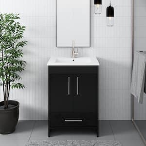 Pacific 24 in. x 18 in. D x 35 in. H Bath Vanity in Glossy Black with White Ceramic Vanity Top with White Basin