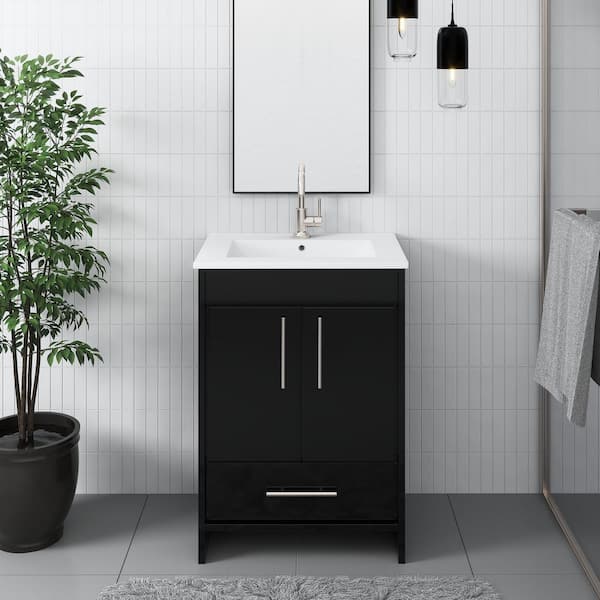 Pacific 24 in. x 18 in. D x 35 in. H Bath Vanity in Glossy Black with White Ceramic Vanity Top with White Basin