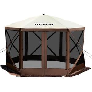 12 ft. x 12 ft. Brown/Beige 6 Sided Pop-Up Camping Gazebo Canopy Screen Shelter Tent with Mesh Windows