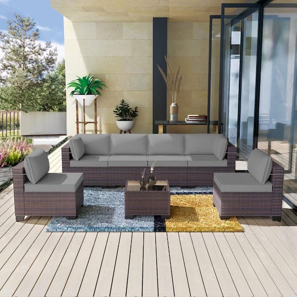 Halmuz 7-Piece Wicker Outdoor Sectional Set with Cushion Grey
