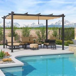 10 ft. x 13 ft. Gray Aluminum Frame Pergola with Beige Retractable Sun Shade Canopy and Extra Top Roof