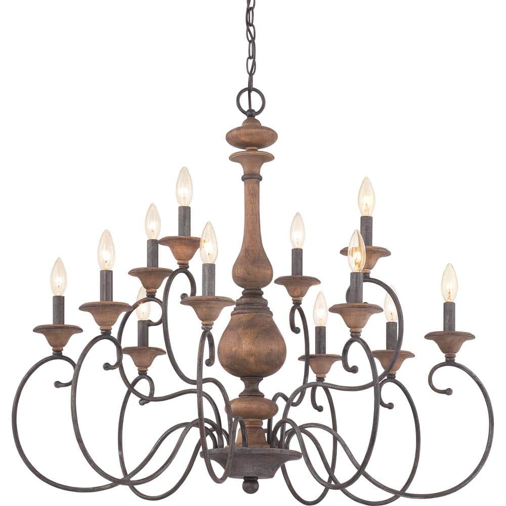 Rustic Black and Walnut 12-Light Candle Chandelier