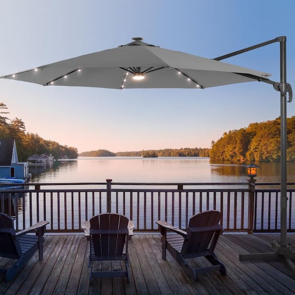 JOYESERY 10 ft. Solar LED Gray Cantilever Patio Umbrella with Cross Base, Outdoor Offset Hanging 360°
