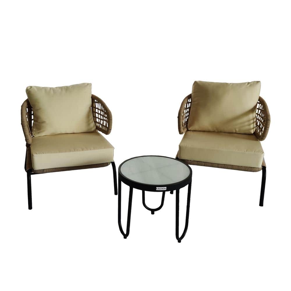 Beige Wicker 3-Piece Woven Rope Indoor/Outdoor Patio Bistro Set with 2 Beig