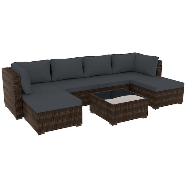 UPHA 7-Piece Wicker Patio Conversation Sectional Seating Set with Coffee Table and Ottomans, Dark Gray