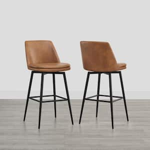 Cecily 30 in. Cognac Brown High Back Metal Swivel Bar Stool with Faux Leather Seat (Set of 2)