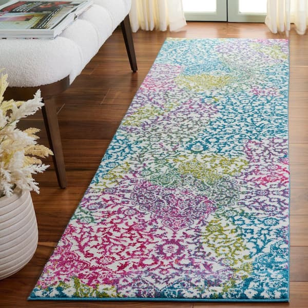 Watercolor 2 ft. x 10 ft. Ivory/Fuchsia Floral Medallion Runner Rug