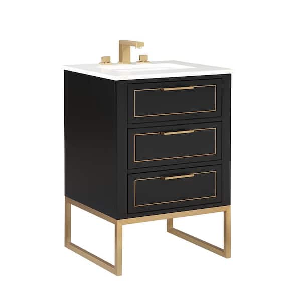 Markham 24in. W x 22in. D x 34in. H Free-standing Single Bath Vanity in Black/Satin Brass with White Quartz top