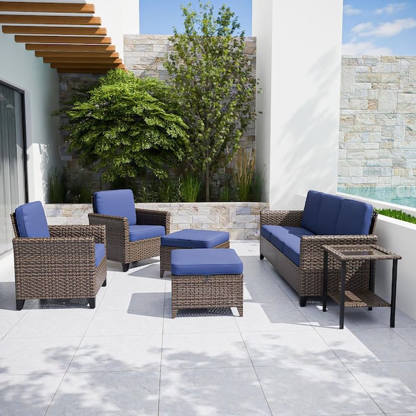 Brown Rattan Wicker 6-Piece Outdoor Patio Conversation Set with Blue Cushions, Patio Chairs with Ottomans