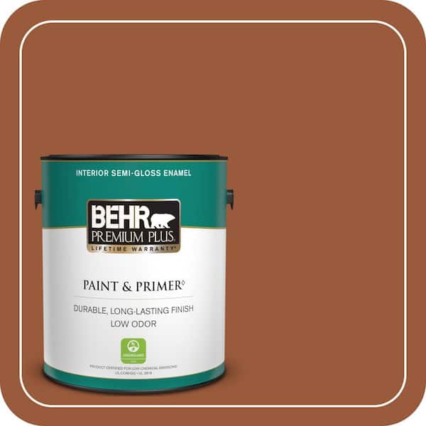 BEHR PREMIUM PLUS 1 gal. #230D-7 Cinnamon Brandy Semi-Gloss Enamel Low Odor Interior Paint & Primer