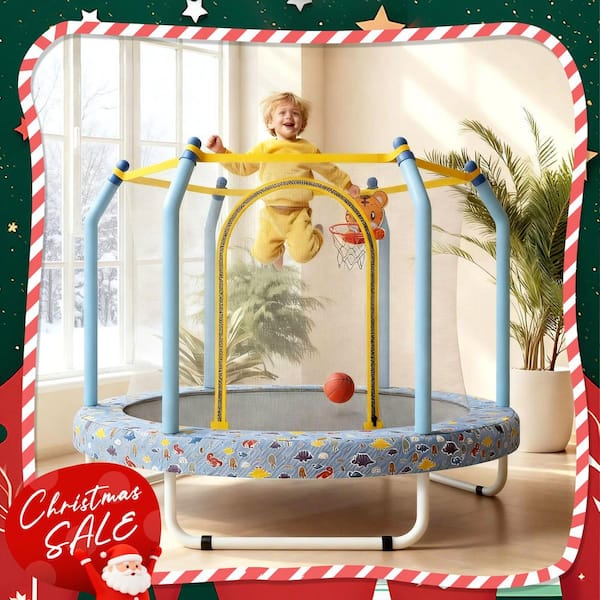 55 in. Small Toddler Trampoline with Basketball Hoop for Kids in Blue