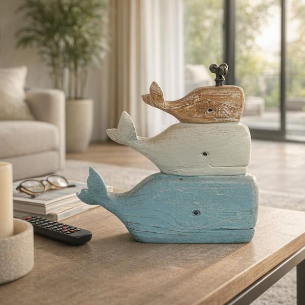 Liv & Skye 9 in. x 9 in. Blue Resin Coastal Stack Of 3 Whales