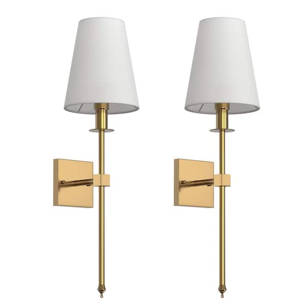 Briignite 5.9 in. Gold 1-Light Wall Sconce with White Fabric Shade