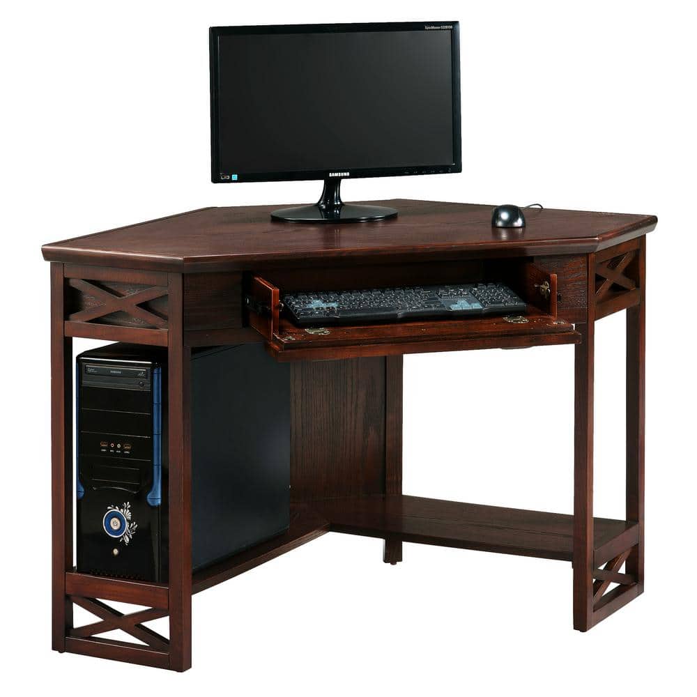 Chocolate Oak Corner Desk with Drawer and Shelf