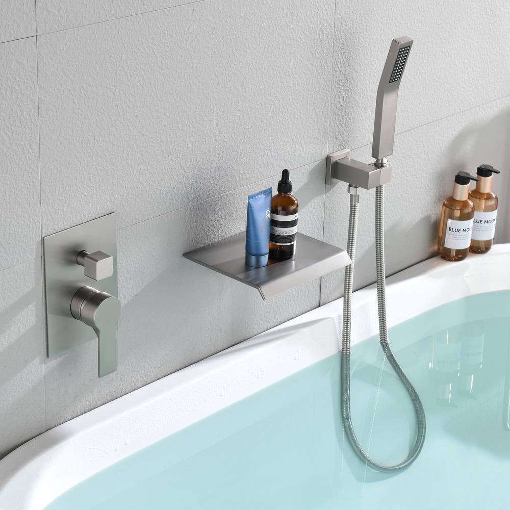 Brushed Nickel Wall-Mount Waterfall Tub Faucet with Hand Shower