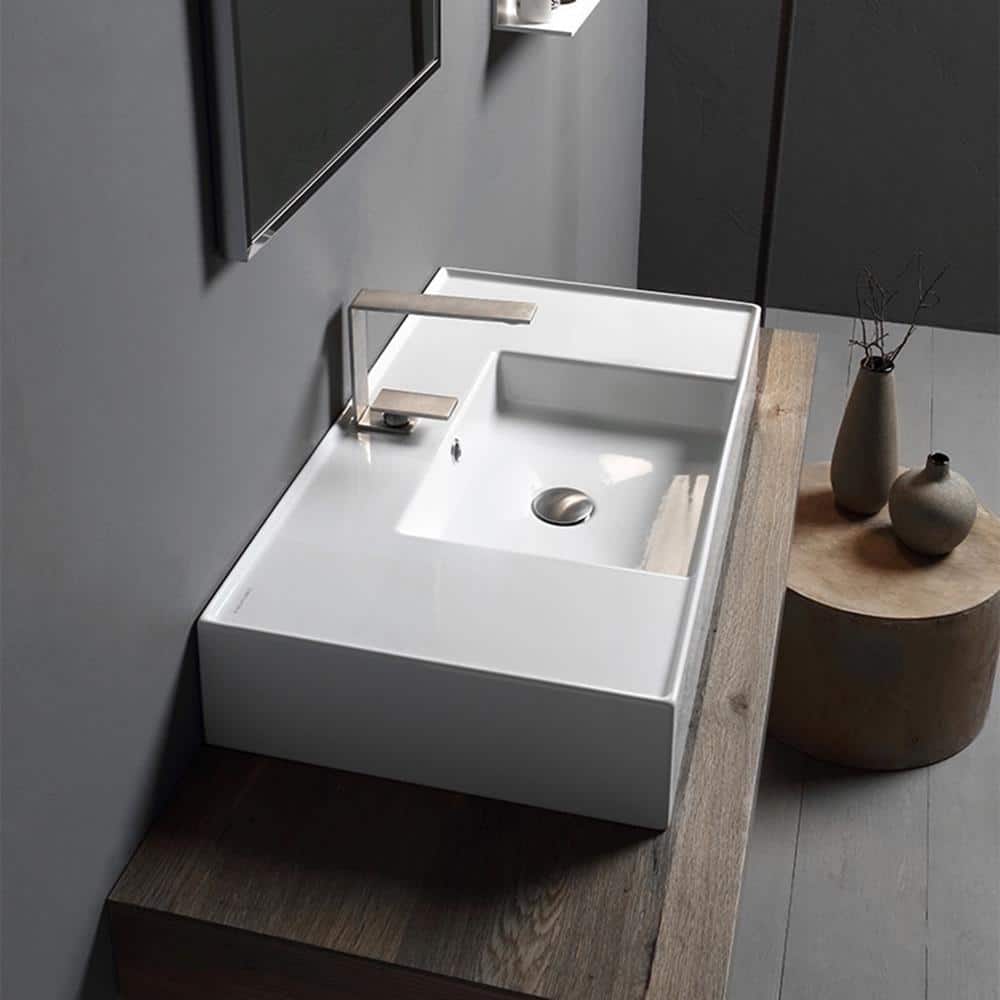 Glossy White Ceramic Rectangular Wall-Mount Bathroom Sink