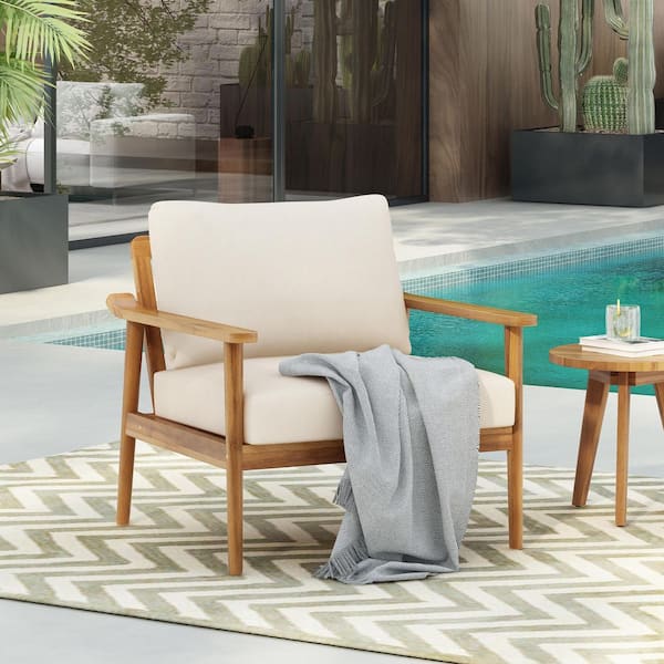 CHRISTOPHER KNIGHT HOME Alistair Mid-Century Modern Patio Solid Wood Outdoor Lounge Chair with Beige Cushions, Teak Finish