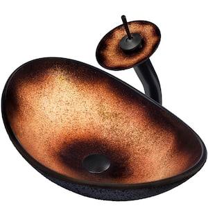 Glass Vessel Sink in Copper and Black with Sealer, Mounting Ring, Drain and Faucet in Oil Rubbed Bronze