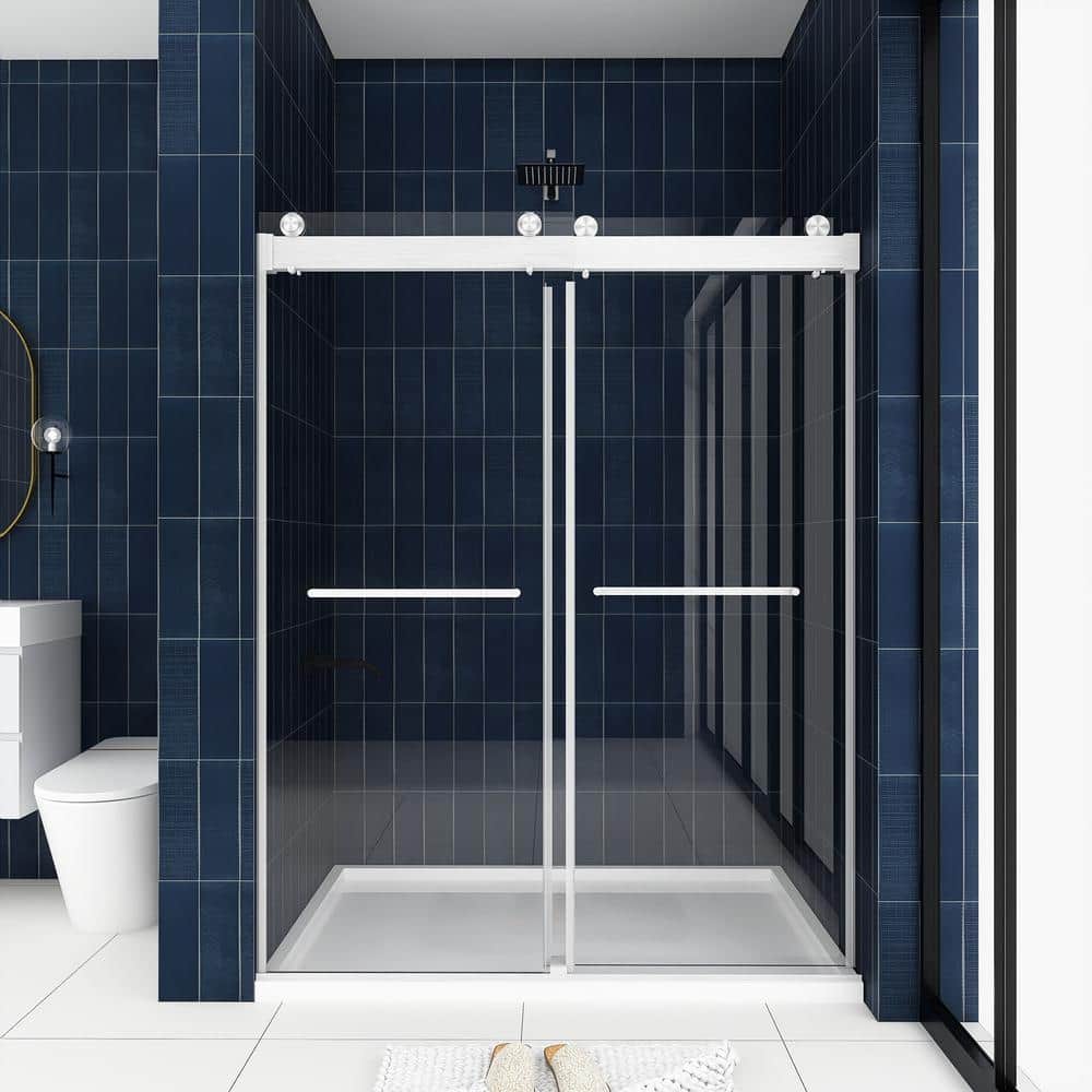 60'' Frameless Clear Glass Sliding Shower Door with Brushed Nickel Frame
