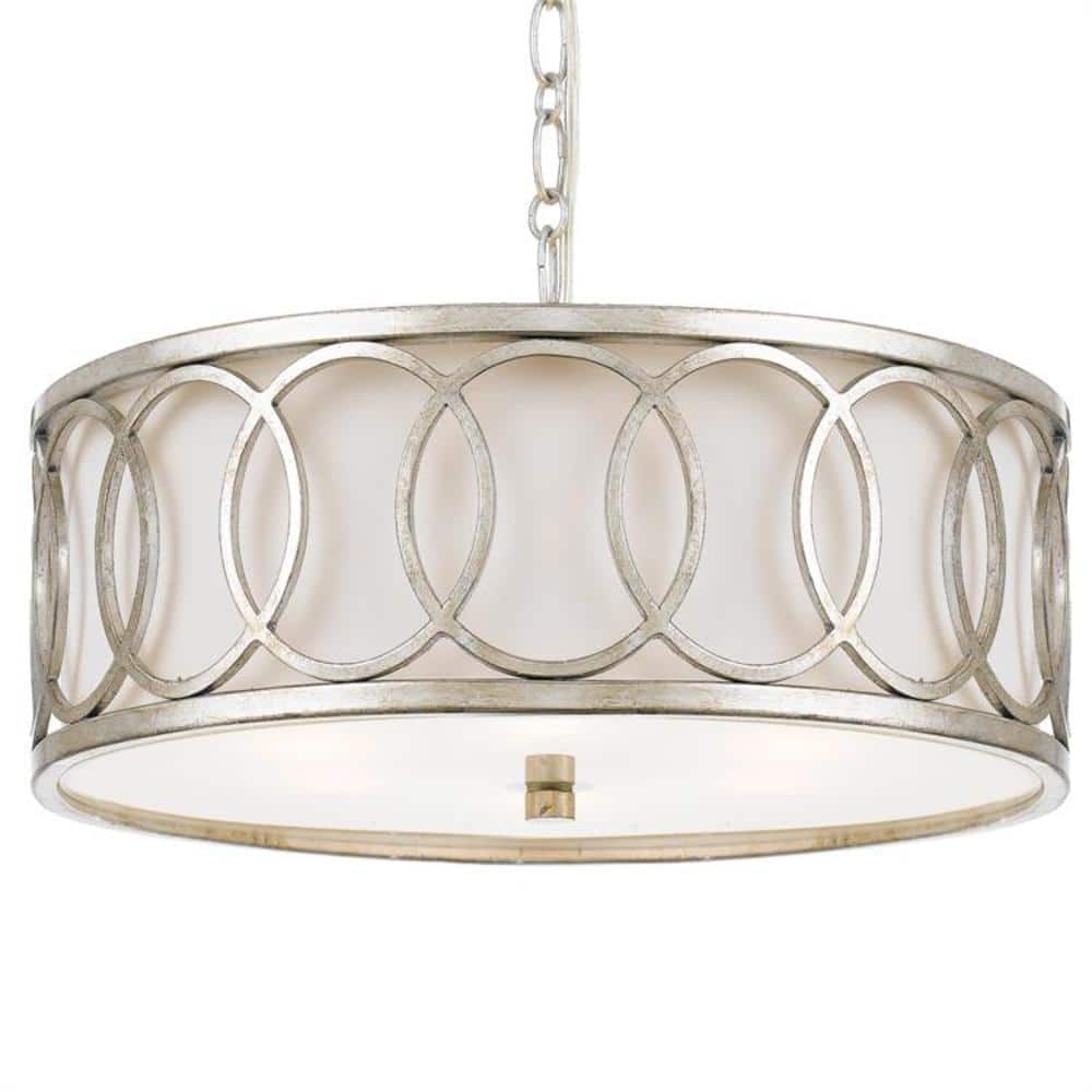 Antique Silver Mini 6-Light Chandelier with Black Crystal & Silk Shade
