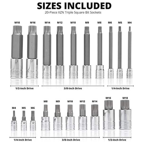NEIKO XZN Triple Spline Square Bit Set, Extra Long 4 in. 4 mm to