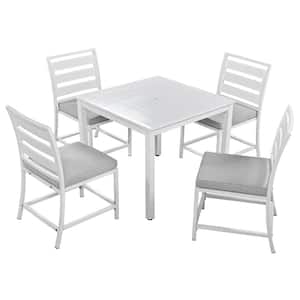 5-Piece Wood Outdoor Dining Table Set for Patio, Balcony with Beige Cushions, White