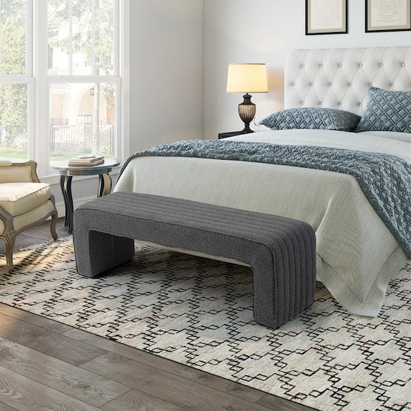 Glamour Home Benicia Gray 61. 22 in. Bedroom Bench with Boucle Upholstered Fabric Tufted