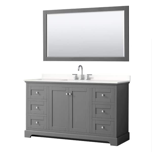 Wyndham Collection Avery 60 in. W x 22 in. D x 35 in. H Single Bath Vanity in Dark Gray with White Quartz Top and 58 in. Mirror