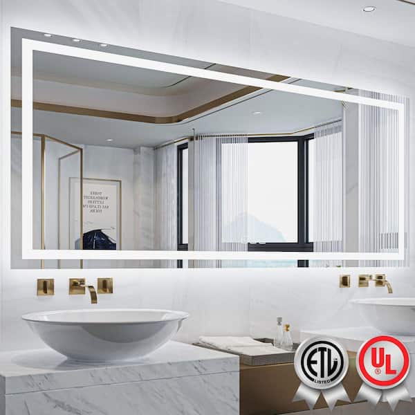 88in. W x 38 in. H Rectangular Frameless Wall Bathroom Vanity Mirror with Backlit and Front Light