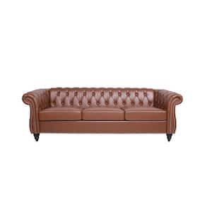 84 in. Wide Rolled Arm PU Leather Curved Sofa Seating 3-Seater Sofa with Reversible Cushions in Brown