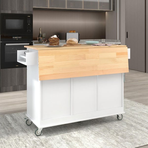 Oasis White Wood 52.76 in. Kitchen Island with Solid Wood Top and Locking Wheels, Storage Cabinet