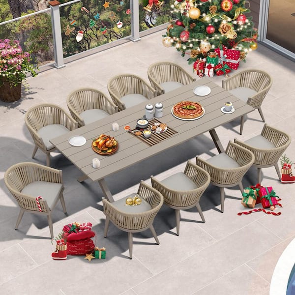 11 Piece Aluminum All-Weather PE Rattan Rectangular Outdoor Dining Set with Cushion, Champagne