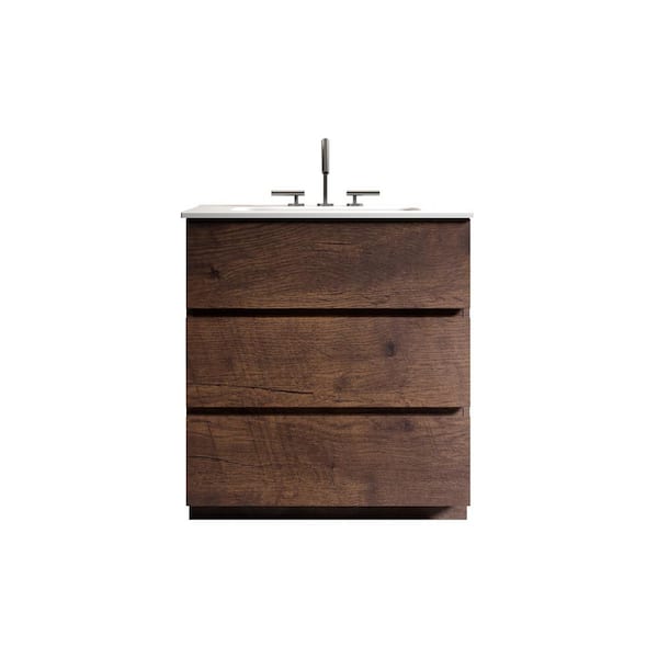 30 in. W x 18 in. D x 33 in. H Single Sink Freestanding Bath Vanity in Walnut with White Engineered Stone Composite Top