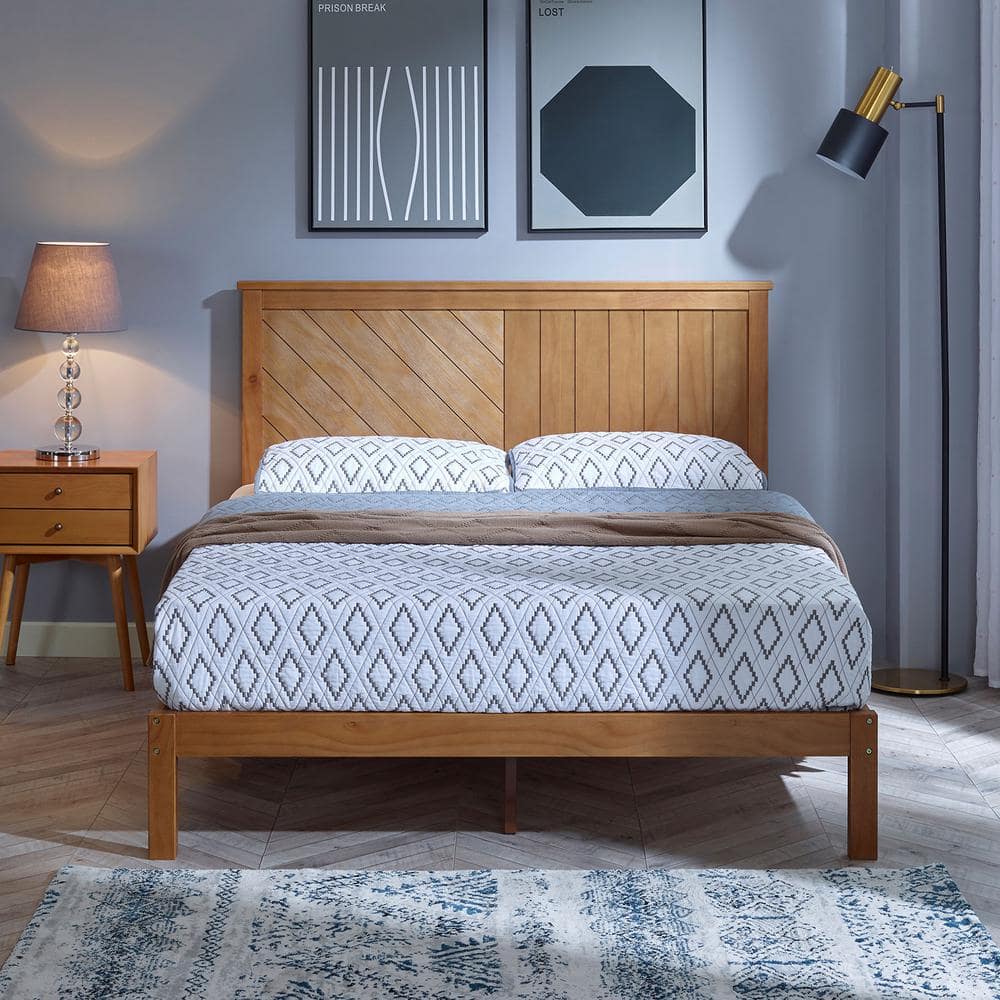 Rustic Pine Finish Solid Wood Queen Platform Bed with Headboard