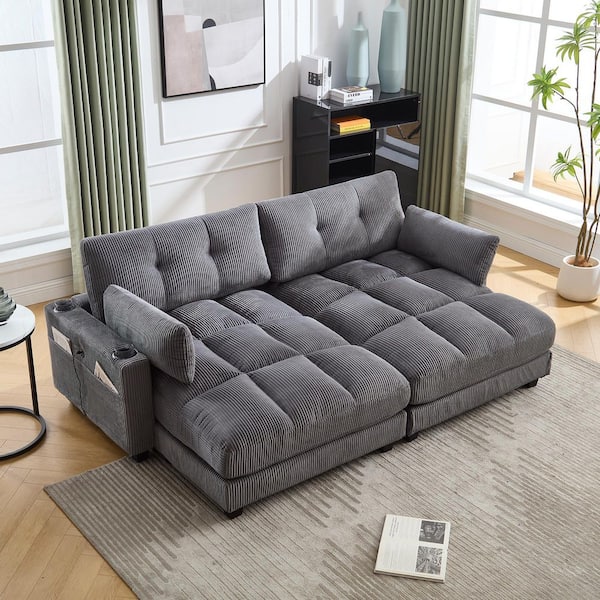 91 in. Corduroy Tufted Sectional Sofa in Gray Chaise Lounge with USB Ports Cup Holders and Pillows Adjustable Headrest