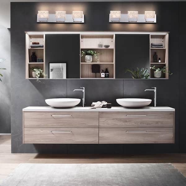 24 in. 3-Light Chrome Stainless Steel LED Bathroom Vanity Light with Clear Ice-Like Brick Glass