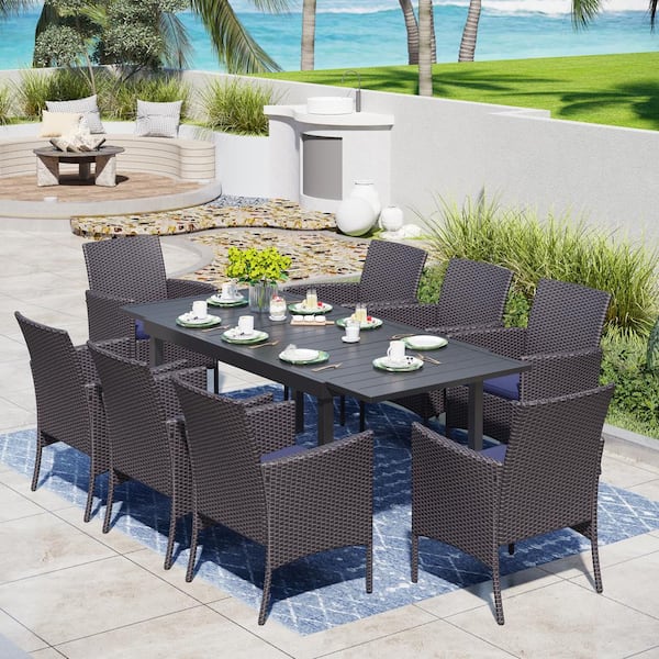 PHI VILLA Black 9-Piece Metal Patio Outdoor Dining Set with Extendable Table and Rattan Chairs with Blue Cushion