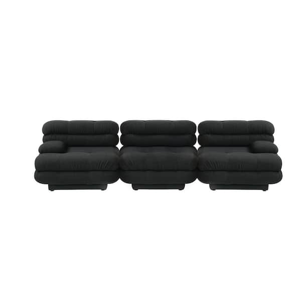 J&E Home 109.8 in. Square Arm 3-piece Flannel velvet Deep Seat Modular Sectional Sofa in. Black