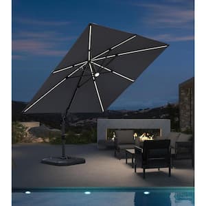 10 ft. Square Cantilever Umbrella Solar Powered LED Aluminum Offset 360° Rotation Umbrella in Light Gray