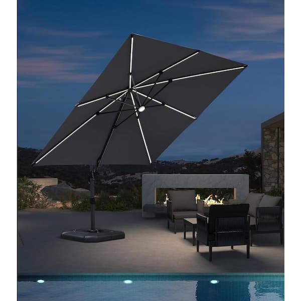PURPLE LEAF 10 ft. Square Cantilever Umbrella Solar Powered LED Aluminum Offset 360° Rotation Umbrella in Light Gray