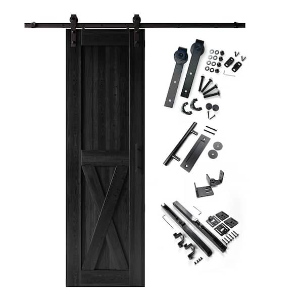 30 in. x 96 in. X-Frame Black Solid Pine Wood Interior Sliding Barn Door with Hardware Kit, Non-Bypass