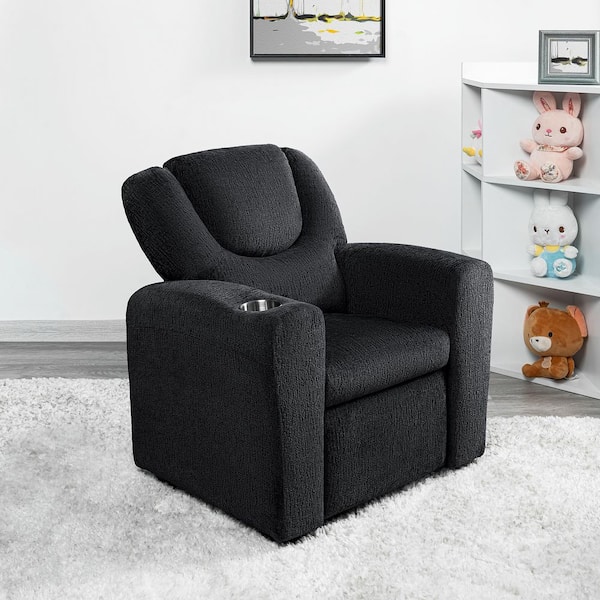 HOMESTOCK Push Back Black Chenille Kids Recliner Chair with Footrest and Cup Holders