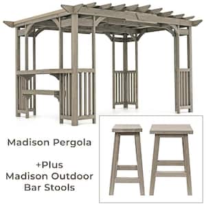 Madison 10 ft. x 14 ft. Timber Gray Cedar Wood Backyard Patio Pergola Including UV Sun Shade, Counter, Bar and 2 Stools