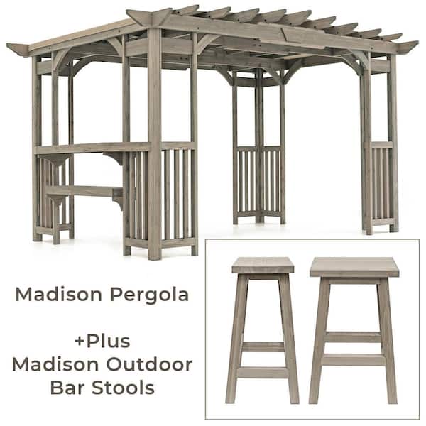 Madison 10 ft. x 14 ft. Timber Gray Cedar Wood Backyard Patio Pergola Including UV Sun Shade, Counter, Bar and 2 Stools