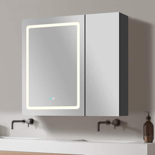 Zeafive 30 in. W x 30 in. H Rectangular Black Aluminum Surface Mount Defogging Lighted Bathroom Medicine Cabinet with Mirror