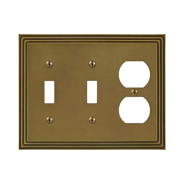 AMERELLE Tiered 3 Gang 2-Toggle and 1-Duplex Metal Wall Plate - Rustic Brass