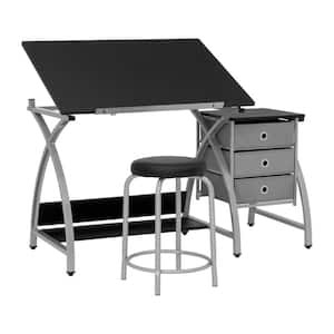 50 in. 2-Piece Comet Center Plus Silver Rectangular Writing Desk with Adjustable Top 3 Pull-Out Drawers and Stool