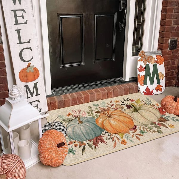 Tan 2 ft. x 1 ft. Synthetic Fall, Pumpkins Doormat, Burlap Non-Slip Rubber Backing Seasonal Welcome Mat, Indoor Area Rug